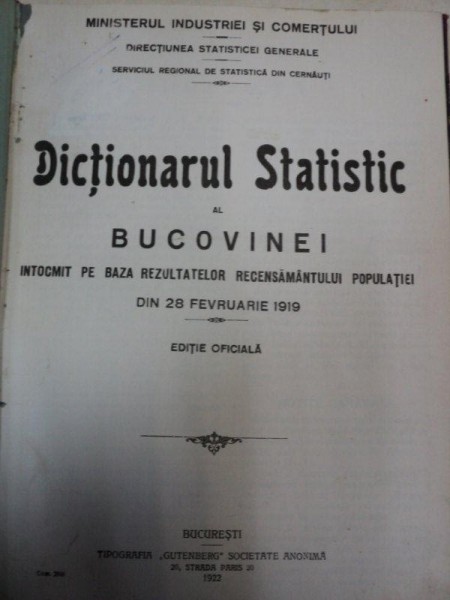 DICTIONARUL STATISTIC AL BUCOVINEI BUCURESTI 1922