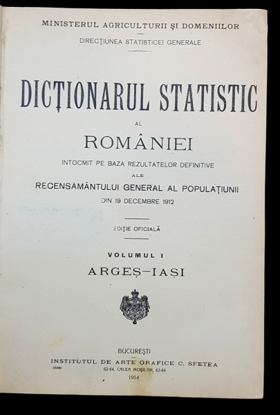 DICTIONARUL STATISTIC AL ROMANIEI - BUCURESTI, 1914