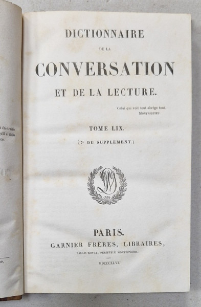 DICTIONNAIRE DE LA CONVERSATION ET DE LA LECTURE , TOME LIX , 1846