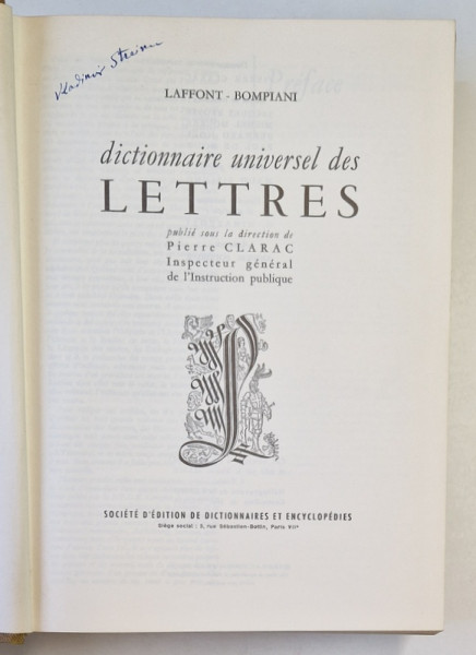 DICTIONNAIRE UNIVERSEL DES LETTRES, A -Z ,  PUBLIE SOUS LA DIRECTION DE PIERRE CLARAC , INSPECTEUR GENERAL DE ILUSTRUCTION PUBLIQUE de LAFFONT BOMPIANI , 1961
