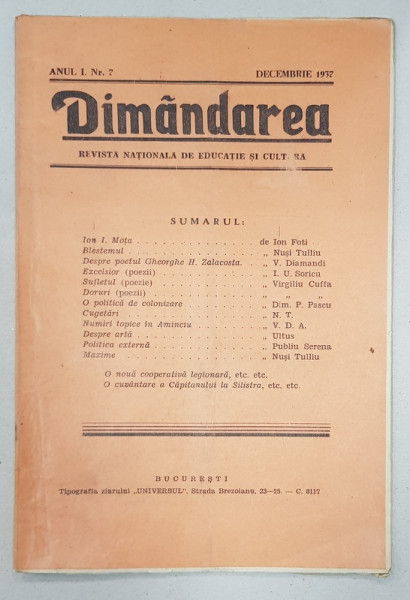 DIMANDAREA, ANUL I, Nr. 7, DECEMBRIE 1937