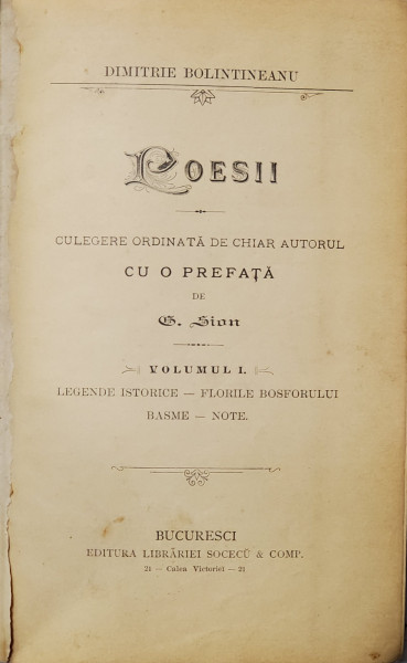 DIMITRIE BOLINTINEANU, POESII CU O PREFATA DE G. SION, VOL. I - II - BUCURESTI, 1877