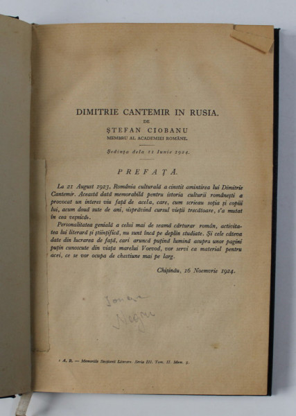 DIMITRIE CANTEMIR IN RUSIA de STEFAN CIOBANU ,1925 , LIPSA PAGINA DE TITLU