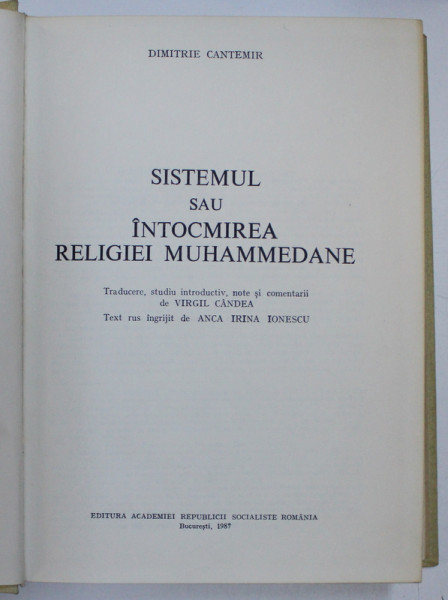 DIMITRIE CANTEMIR, OPERE COMPLETE, VOL. VIII, TOMUL II , 1987