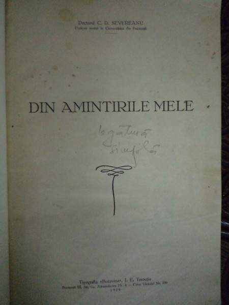 DIN AMINTIRILE MELE, C.D SEVEREANU, BUC. 1929