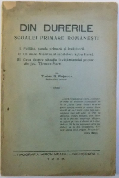 DIN DURERILE SCOALEI PRIMARE ROMANESTI de TRAIAN B. PETANCA , 1933