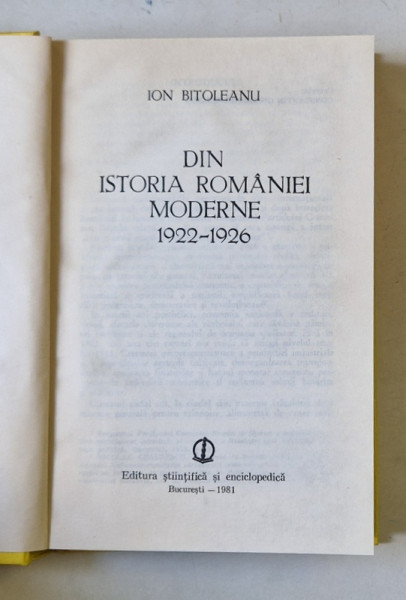 Din Istoria Romaniei moderne 1922-1926  de Ion Bitoleanu