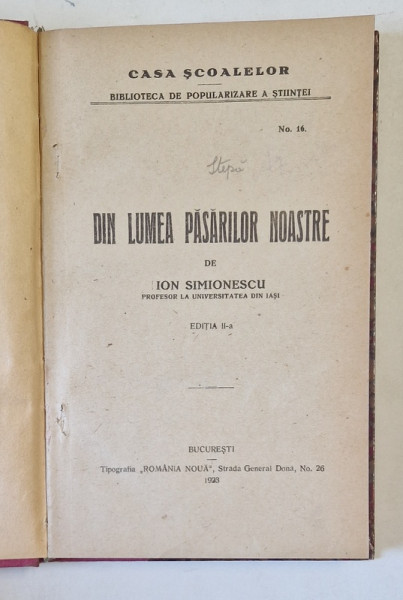 DIN LUMEA PASARILOR NOASTRE de ION SIMIONESCU , 1923,