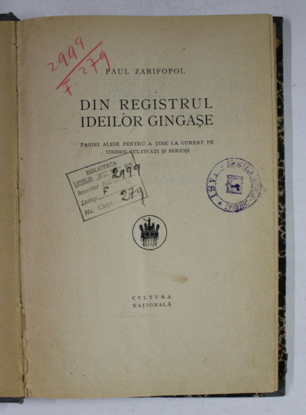 DIN REGISTRUL IDEILOR GINGASE de PAUL ZARIFOPOL , 1926