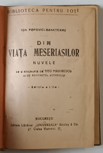 DIN VIATA MESERIASILOR , NUVELE de ION POPOVICI - BANATEANU , EDITIE INTERBELICA
