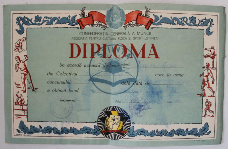 DIPLOMA ACORDATA DE ASOCIATIA PENTRU CULTURA FIZICA SI SPORT ' STIINTA ' , 1953