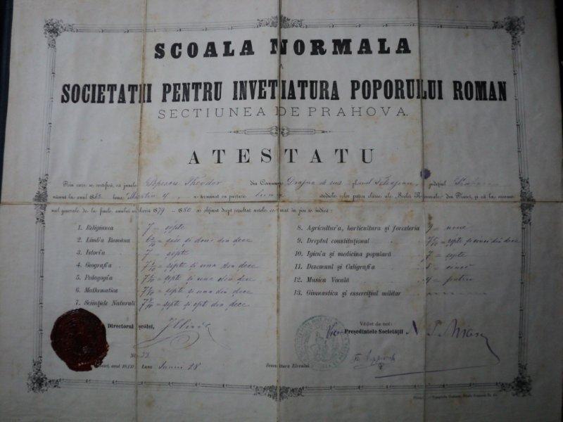 DIPLOMA, ATESTAT SCOALA NORMALA A SOCIETATII PENTRU INVATATURA POPORULUI ROMAN, SECTIUNEA PRAHOVA, 1880
