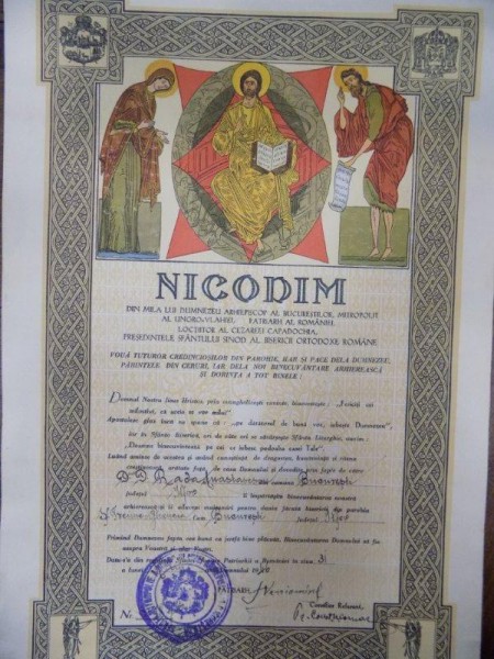 Diploma cu semnatura olografa a vicarului patriarhal Veniamin 31 Mai 1946