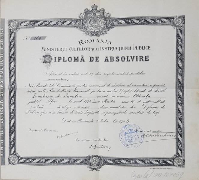 DIPLOMA DE ABSOLVIRE A LICEULUI MATEI BASARAB DIN BUCURESTI , EMISA LA 1 IULIE 1906