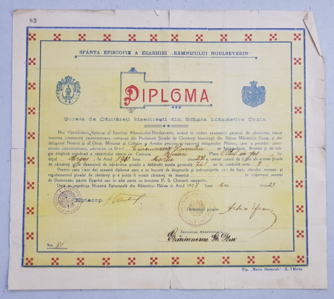 DIPLOMA DE ABSOLVIRE A SCOLII DE CANTARETI BISERICESTI DIN SFANTA MANASTIRE COZIA , 1927