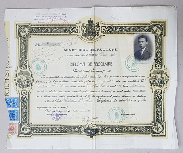 DIPLOMA DE ABSOLVIRE A SCOLII SUPERIOARE DE COMERT DIN BUCURESTI , ELIBERATA DE MINISTERUL INSTRUCTIUNII  LA 10 IANUARIE 1930