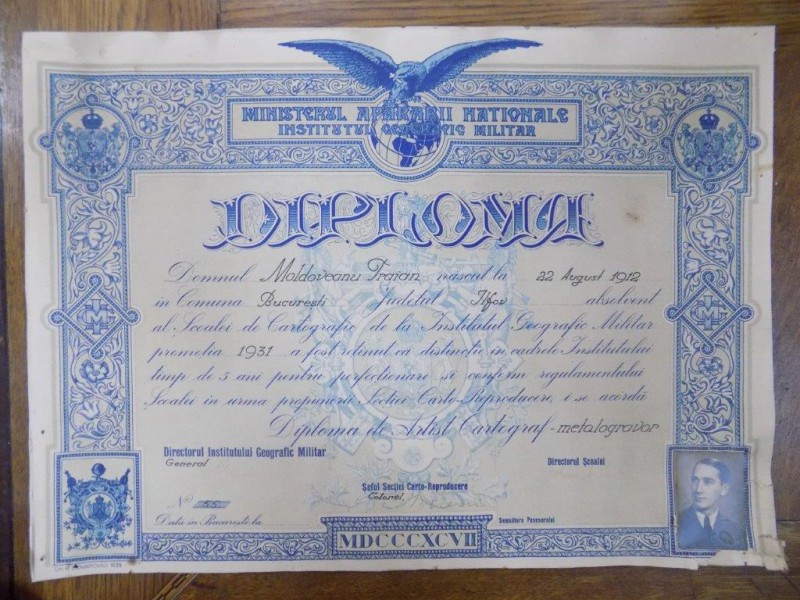 Diploma de Artist Cartograf, Moldoveanu Traian, promotia 1931