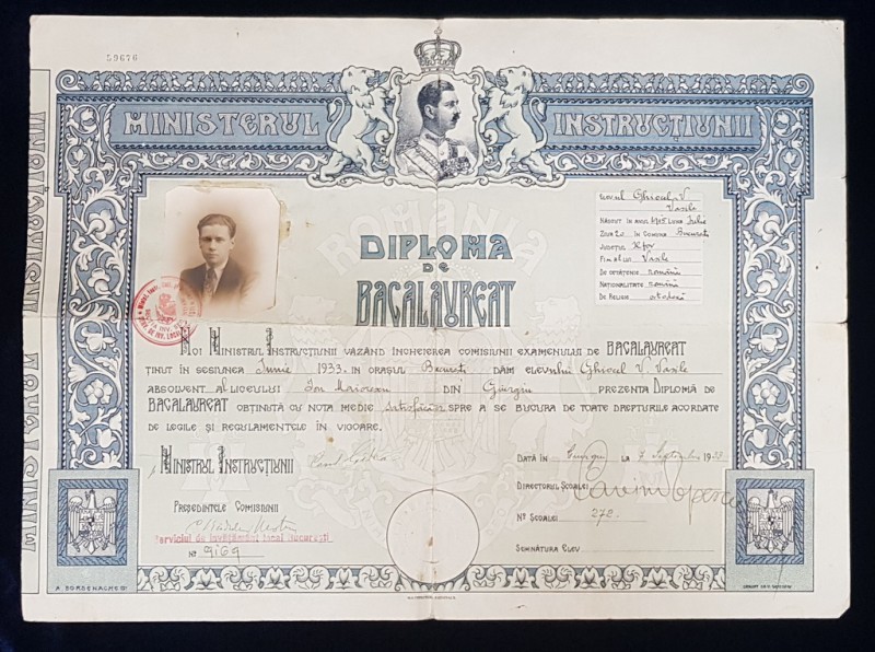 DIPLOMA DE BACALAUREAT, BUCURESTI, 1933