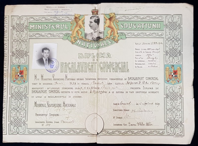 DIPLOMA DE BACALAUREAT COMERCIAL , BUCURESTI , 1939