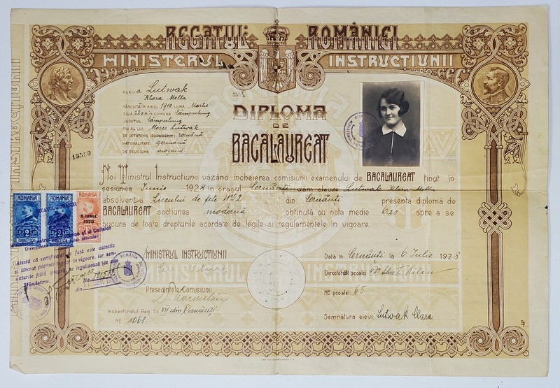 DIPLOMA DE BACALAUREAT EMISA DE LICEUL DE FETE NR. 2 DIN CERNAUTI , 6 IULIE 1928