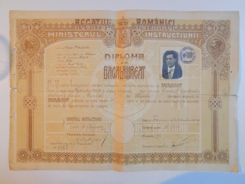 DIPLOMA DE BACALAUREAT , FOCSANI 1929 , SEMNATA IN ORIGINAL DE N. CARTOJAN