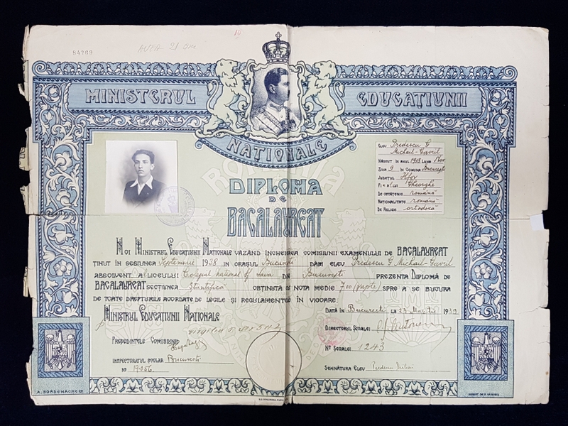 DIPLOMA DE BACALAUREAT SEMNATA OLOGRAF DE TACHE PAPAHAGI , COLEGIUL SF. SAVA , BUC. , GRAFICA DE BORDENACHE, 1938