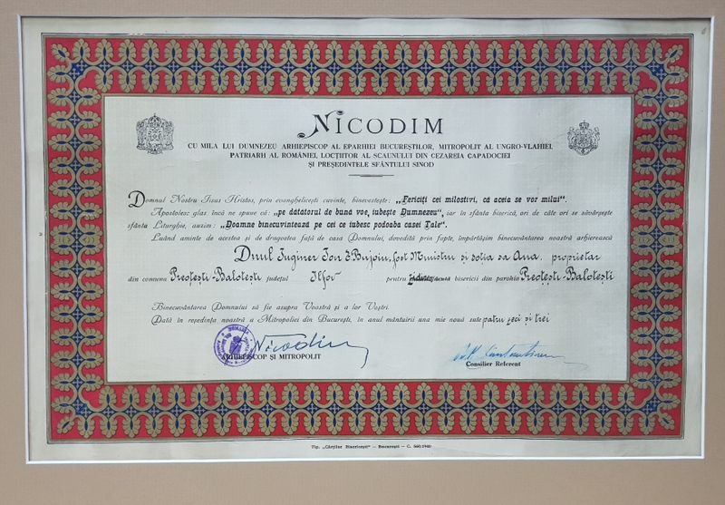 DIPLOMA DE BINECUVANTARE ARHIEREASCA PENTRU INGINERUL ION E. BUJOIU , FOST MINISTRU , 1943 , SEMNATA OLOGRAF DE PATRIARHUL NICODIM