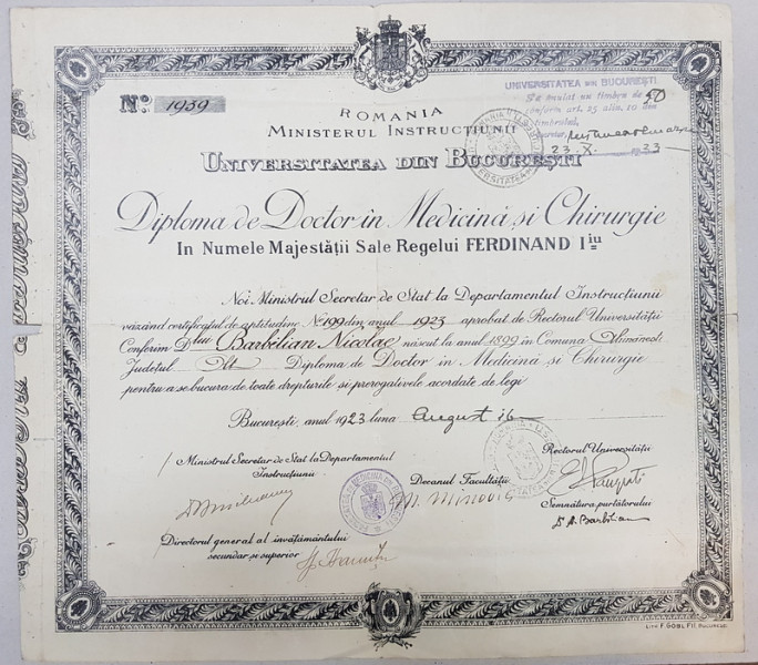 DIPLOMA DE DOCTOR IN MEDICINA SI CHIRURGIE 'FERDINAND I' CU SEMNATURA LUI MINA MINOVICI SI EMIL PANGRATI