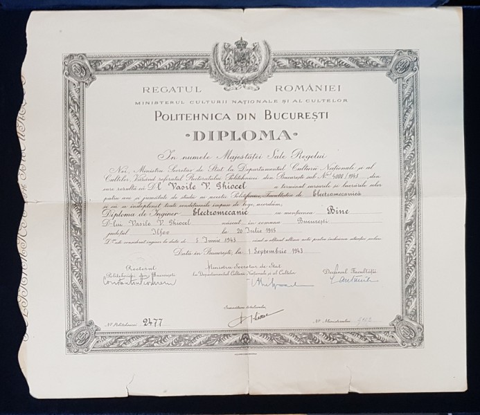 DIPLOMA DE INGINER ELECTROMECANIC, BUCURESTI, 1943