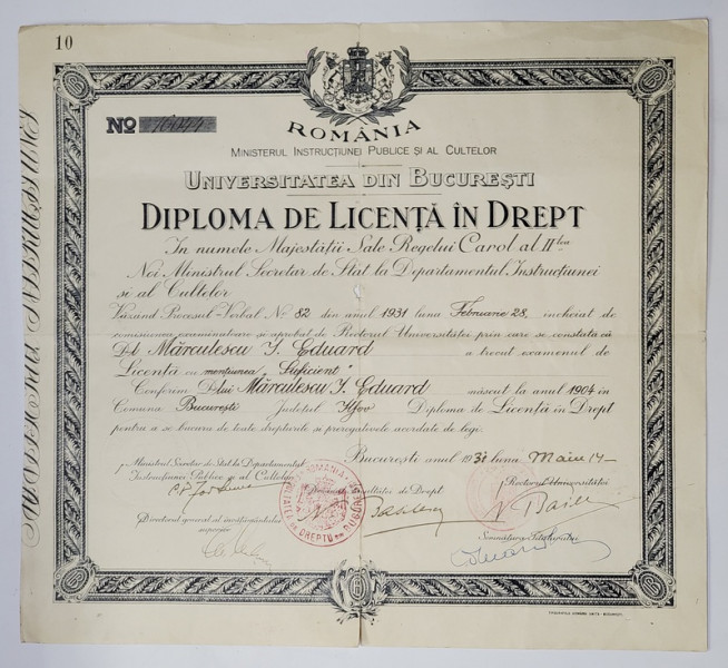 DIPLOMA DE LICENTA IN DREPT, ROMANIA, 28 FEBRUARIE, 1931