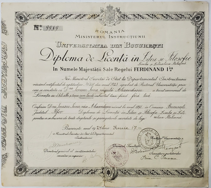 DIPLOMA DE LICENTA IN LITERE SI FILOSOFIE , EMISA DE UNIVERSITATEA DIN BUCURESTI , SEMNATA OLOGRAF DE RECTORUL ERMIL PANGRATI , 1924