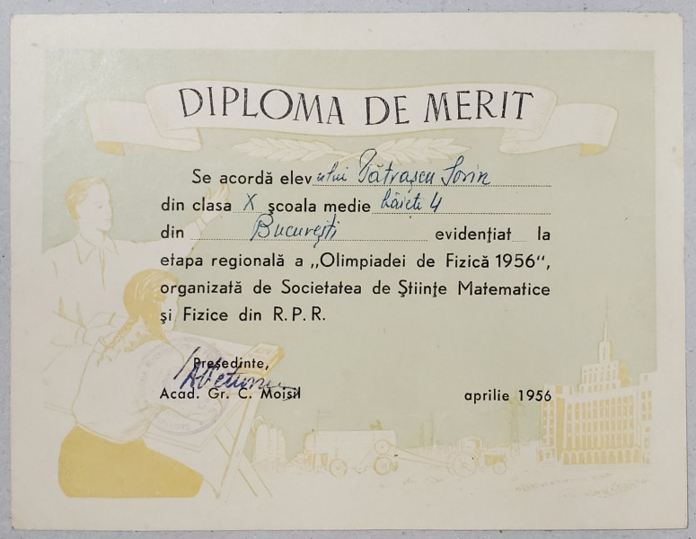 DIPLOMA DE MERIT , EMISA DE SCOALA MEDIE DE BAIETI ,NR.4 , APRILIE 1956