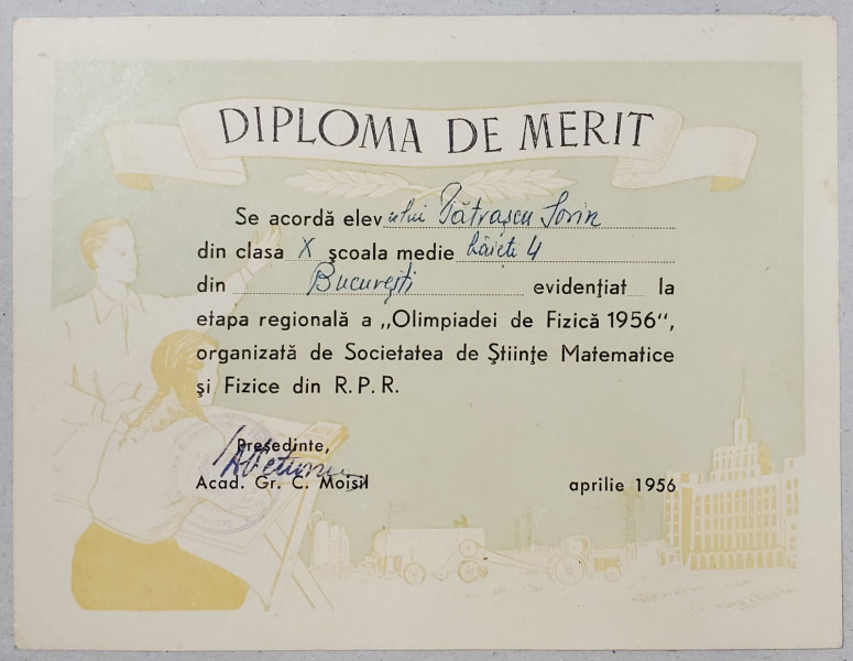 DIPLOMA DE MERIT , EMISA DE SCOALA MEDIE DE BAIETI ,NR.4 , APRILIE 1956