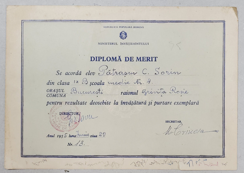DIPLOMA DE MERIT , EMISA DE SCOALA MEDIE NR. 4 , BUCURESTI , 29 IUNIE , 1955