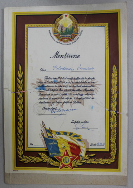 DIPLOMA MENTIUNE , PENTRU REZULTATE DEOSEBITE IN CADRUL FORTELOR ARMATE AL R.P.R . , 1960