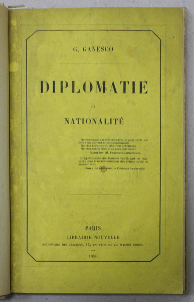 DIPLOMATIE ET NATIONALITE par G. GANESCO , 1856