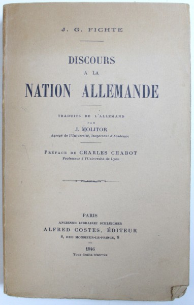 DISCOURS A LA NATION ALLEMANDE, QUATRIEME EDITION de J.G. FICHTE , 1946