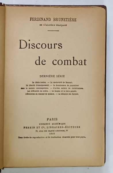 DISCOURS DE COMBAT par FERDINAND BRUNETIERE , 1918