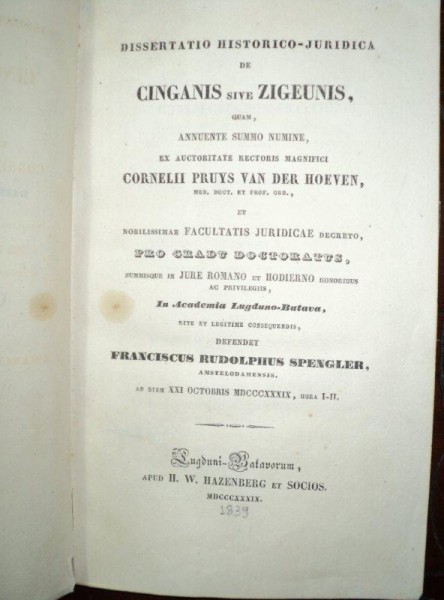 Disertatie istorico-juridica despre tigani, Cornelii Pruys van der Hoeven, 1839