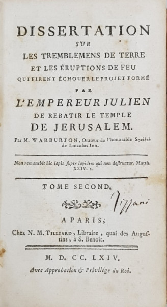 DISSERTATION SUR LES TREMBLEMENTS DE TERRE ET LES ERUPTIONS DE FEU par M. WARBURTON, TOM. II - PARIS, 1764
