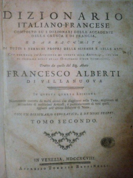 DIZIONARIO ITALIANO FRANCESE, TOMO SECONDO, VENEZIA, 1798