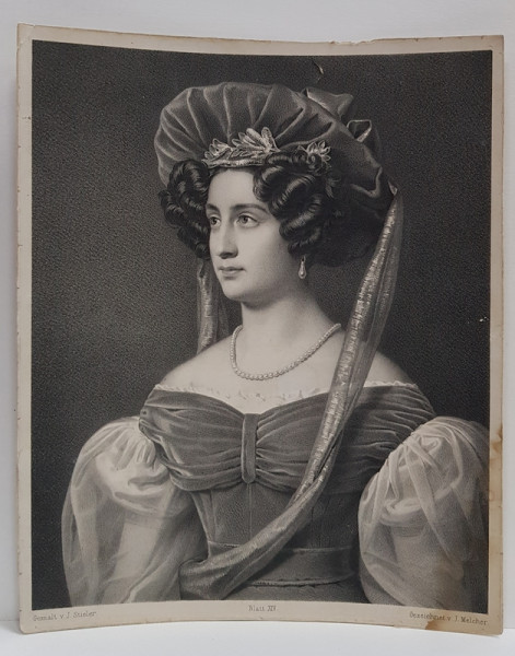 DOAMNA CU PALARIE IN COSTUM DE EPOCA , LITOGRAFIE MONOCROMA de J. MELCHNER , SECOLUL XIX