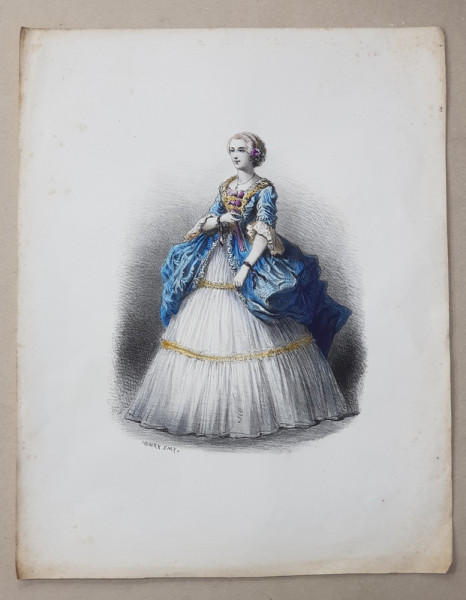 DOAMNA CU ROCHIE ALBA - LITOGRAFIE DE HENRY EMY SECOLUL XIX, COLORATA MANUAL
