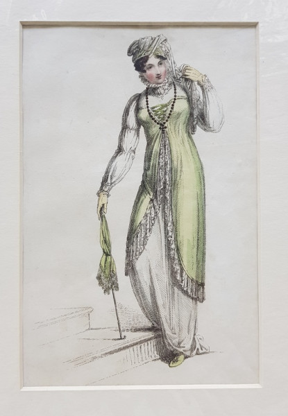 DOAMNA IN TINUTA DE STRADA , CU UMBRELA VERDE , GRAVURA ORIGINALA ACKERMANN , COLORATA MANUAL , DATATA 1812