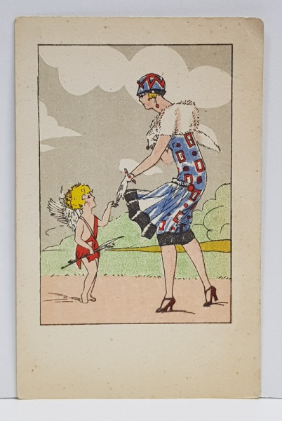 DOAMNA SI ZEUL CUPIDON  , CARTE POSTALA ILUSTRATA , AUGUST 1944