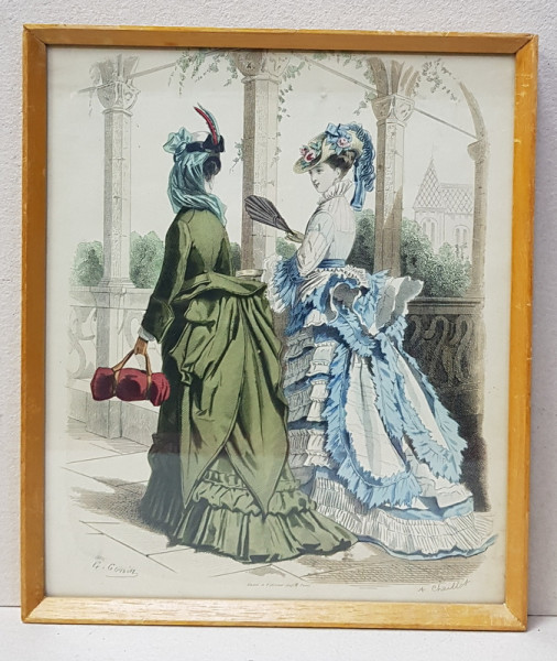 DOAMNE  IN TINUTE DE PROMENADA , MODA PARIZIANA ,  GRAVURA ORIGINALA COLORATA MANUAL , DATATA 1873