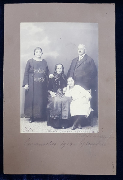 DOCTORUL TITUS DEMETRESCU CU FAMILIA, LA CARANSEBES ,  FOTOGRAFIE DE GRUP , LIPITA PE PASPARTU DE CARTON , DATATA 1923