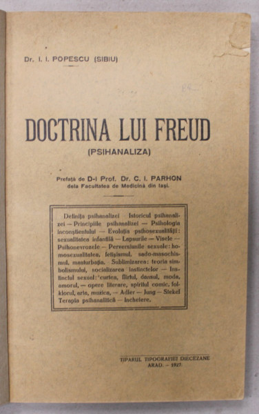 DOCTRINA LUI FREUD ( PSIHANALIZA  ) de Dr. I.I. POPESCU ( SIBIU ) , 1927, COPERTE REFACUTE