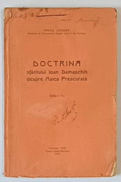 DOCTRINA SFANTULUI IOAN DAMASCHIN DESPRE MAICA PREACURATA , EDITIA A II A , 1939