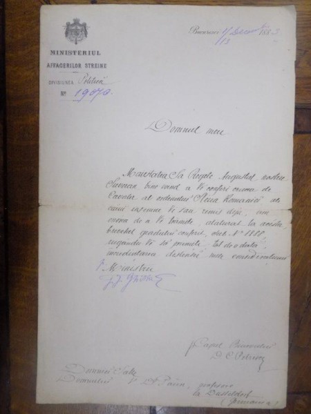 Document Ministerul Afacerilor Straine semnat Dimitrie I. Ghika, Bucuresti 1883